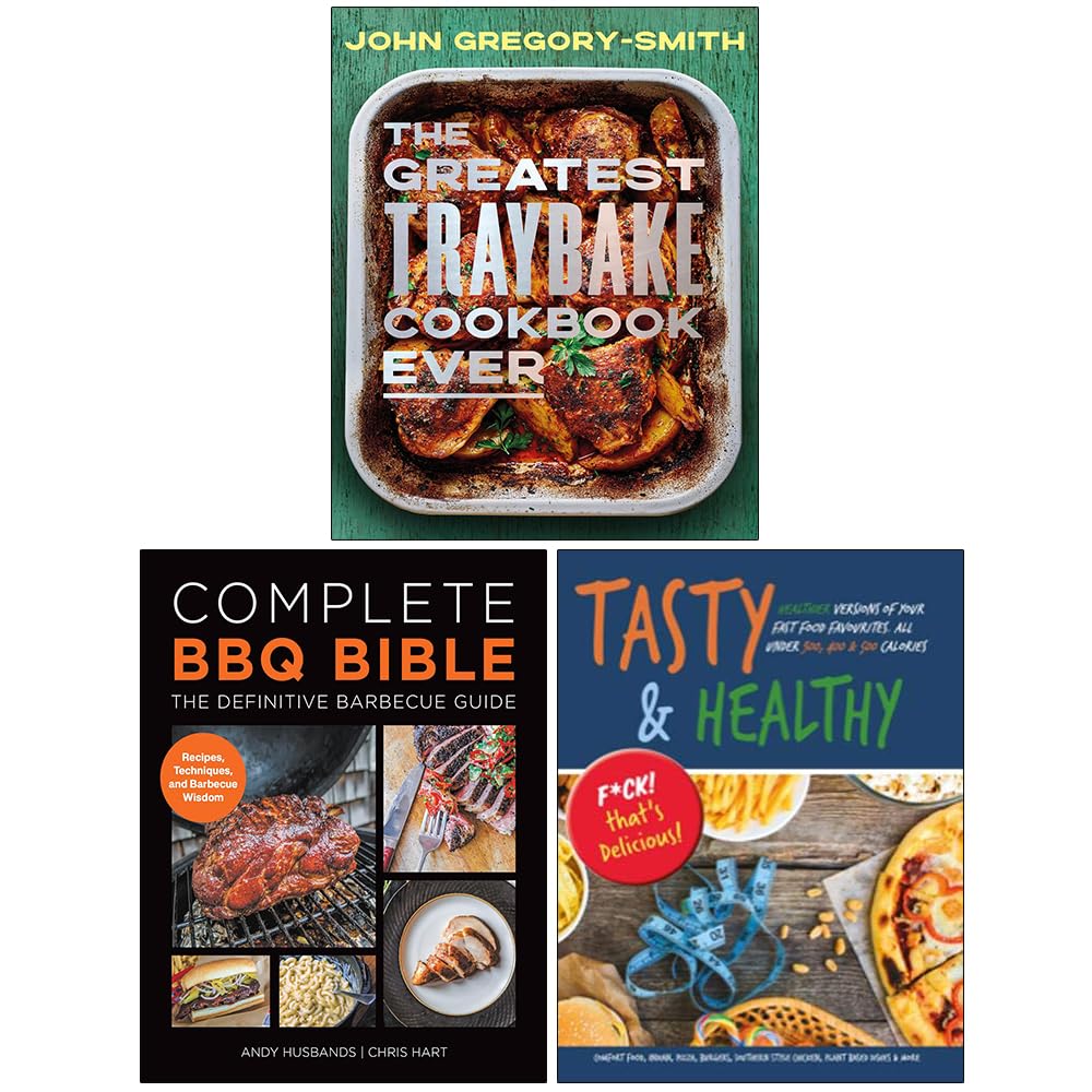 Three cookbooks shown together: The Greatest Traybake Cookbook Ever, Complete BBQ Bible, and Tasty & Healthy