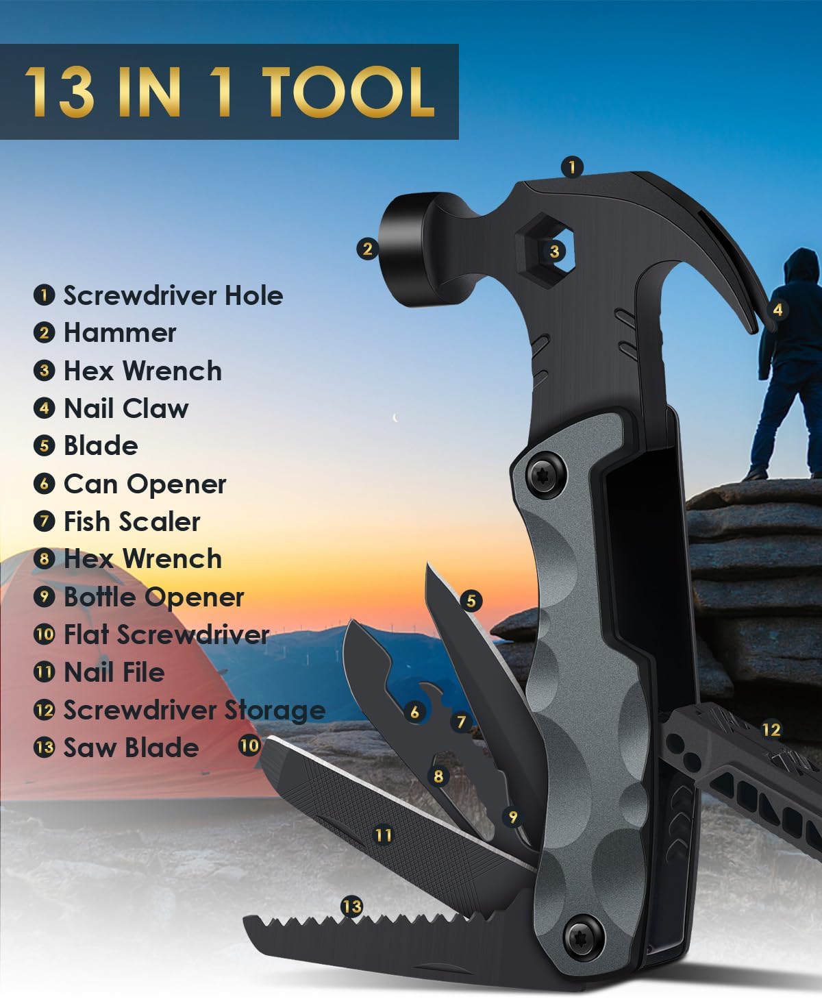 Black folding multitool with a hammer head, nail claw, blades and screwdrivers shown open