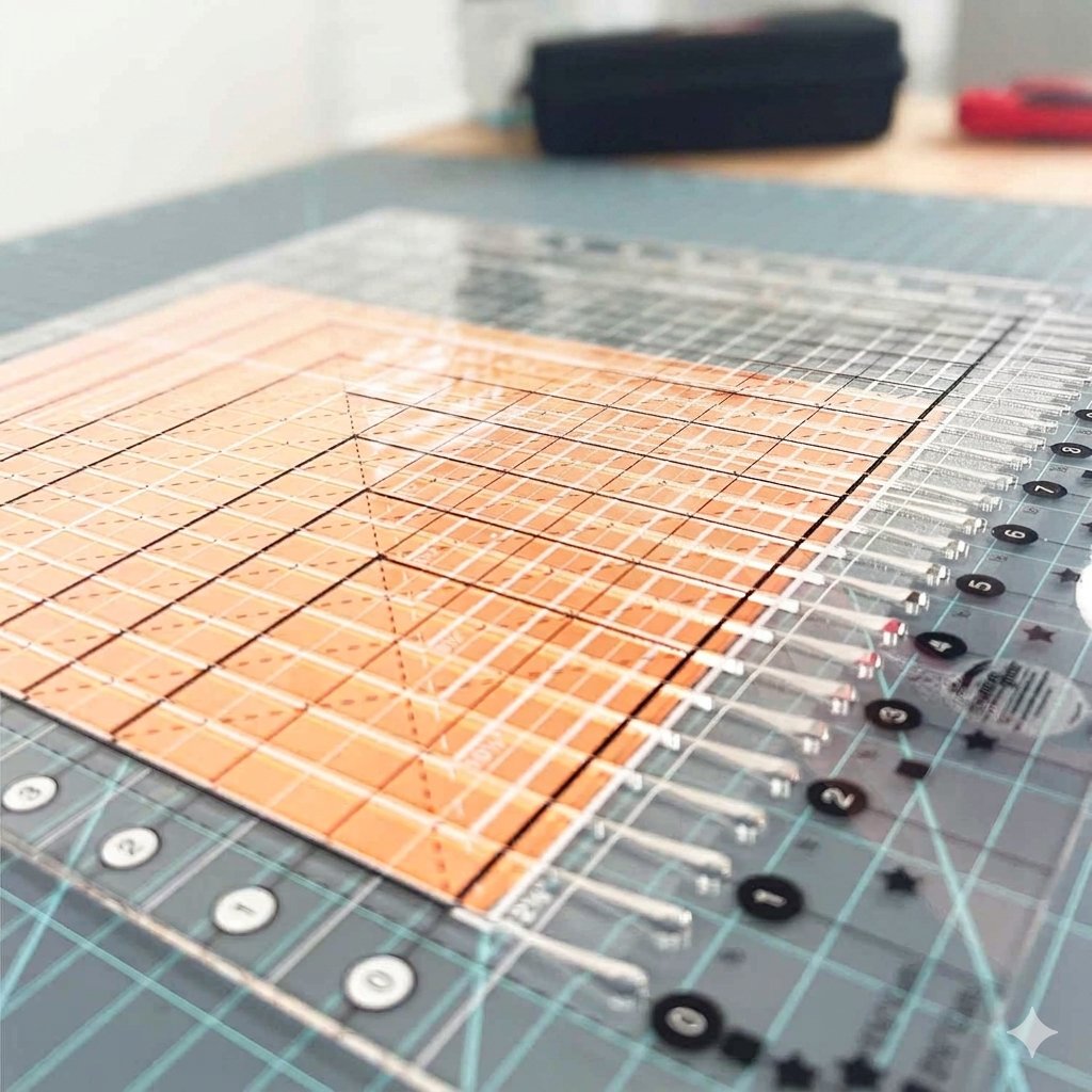 Transparent slotted quilting ruler laid over gridded cutting mats with angle guides visible