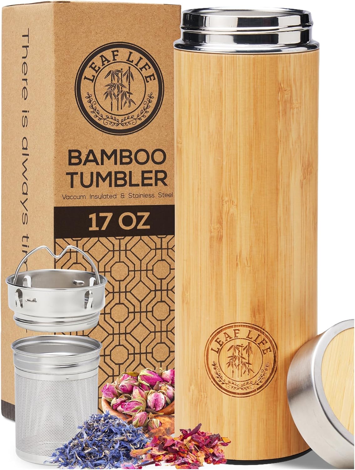 17 oz bamboo-wrapped stainless steel tumbler with its kraft gift box, removable stainless steel loose-leaf tea infuser, and loose dried flowers and tea