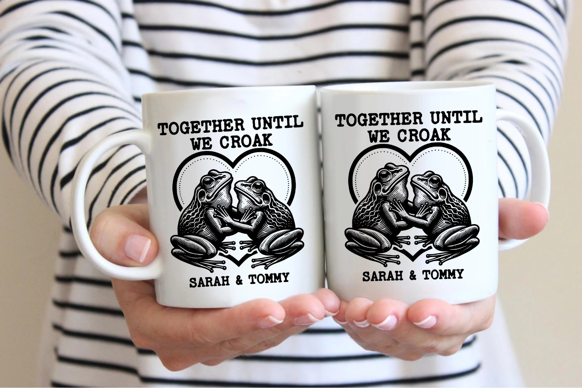 'Together Until We Croak' custom matching frog couple coffee mug gift set for husband and wife with personalized names