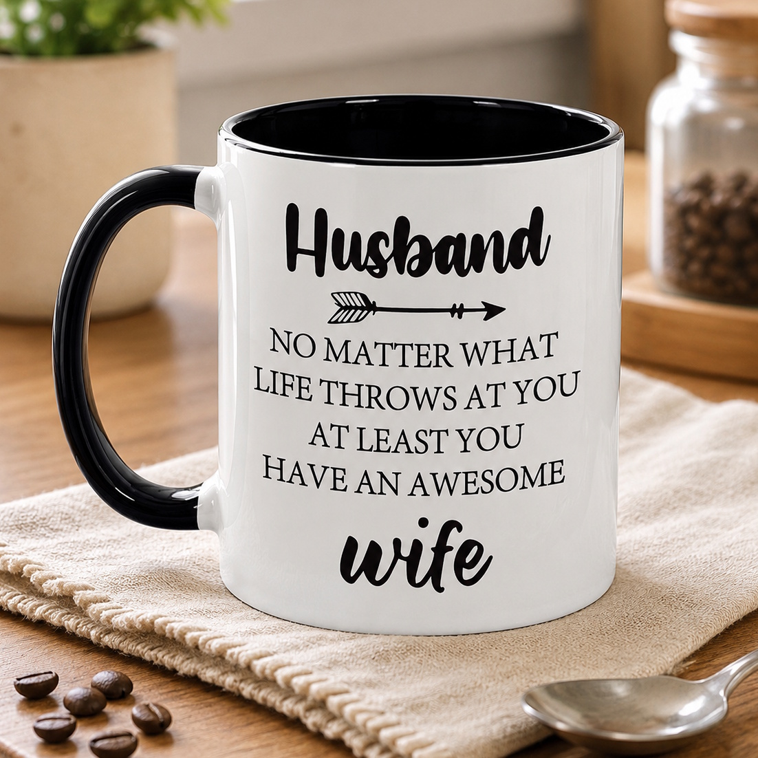 Funny black-and-white 'Husband, no matter what life throws at you, at least you have an awesome wife' ceramic coffee mug gift from wife