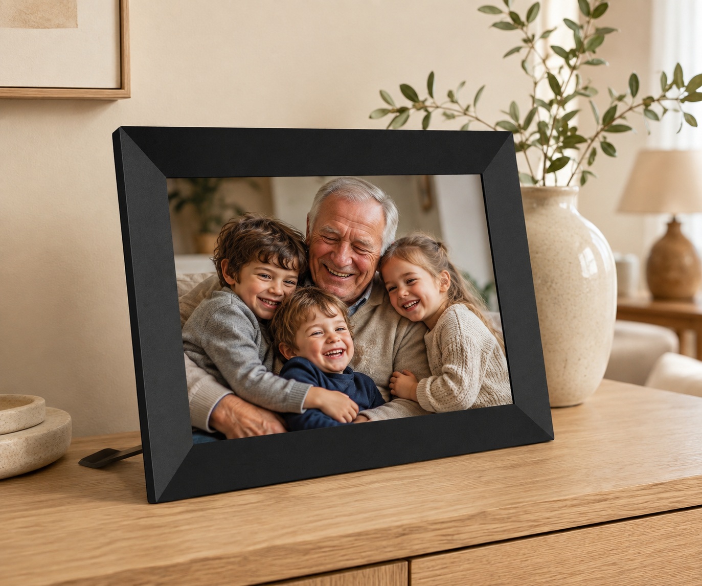 Black digital photo frame on a wood sideboard displaying a photo of a grandfather laughing with three grandchildren