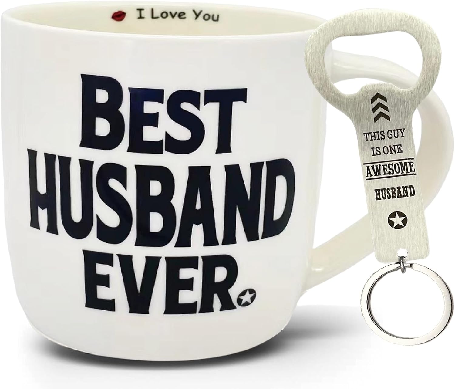 'Best Husband Ever' ceramic coffee mug gift set with matching 'one awesome husband' bottle opener keychain