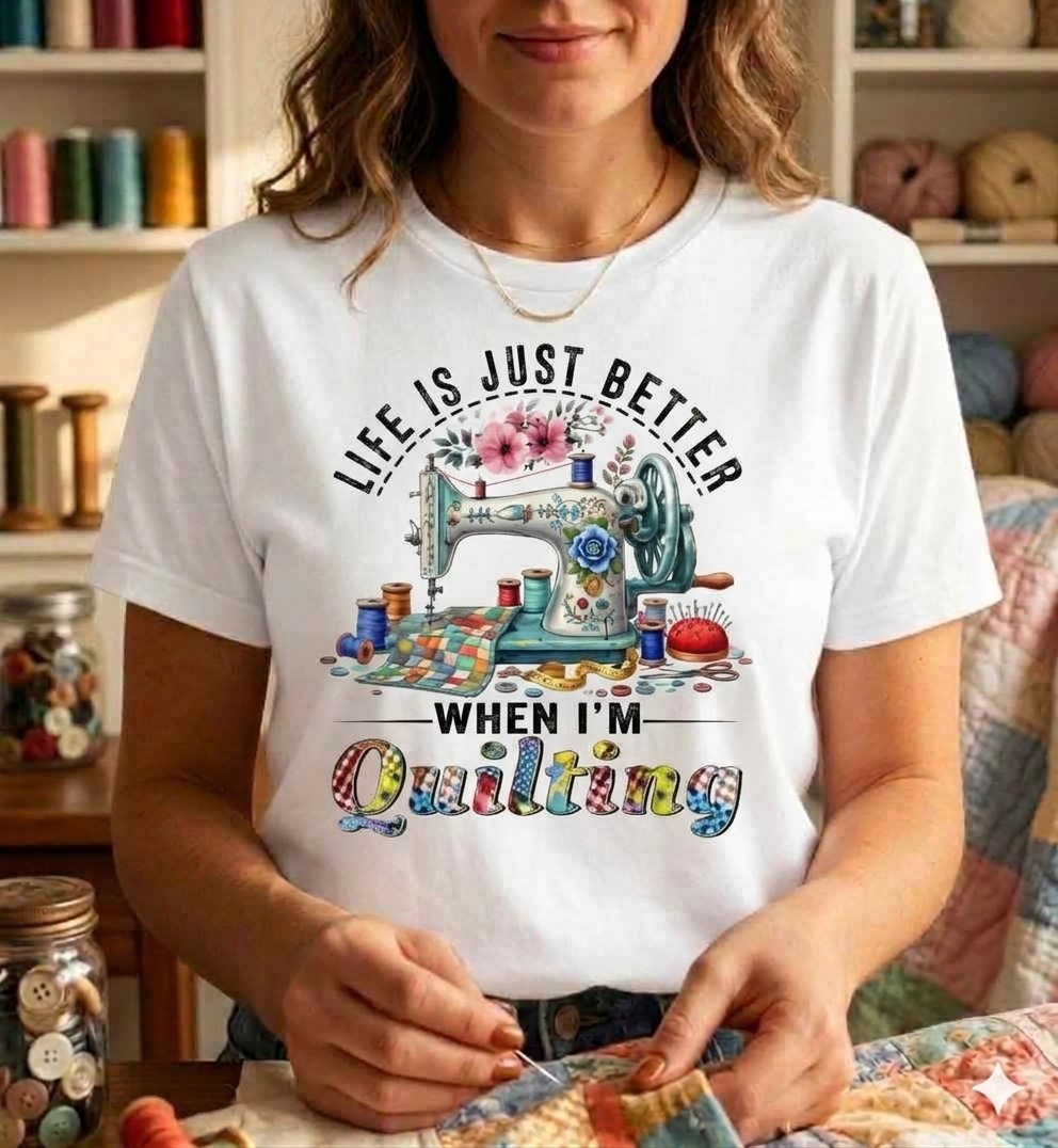 Person wearing a white Life Is Just Better When I'm Quilting T-shirt with a colorful vintage sewing-machine illustration