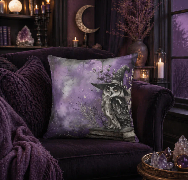 Square throw pillow printed with a watercolor owl in a witch hat perched on old books against a purple night sky, on a dark velvet chair