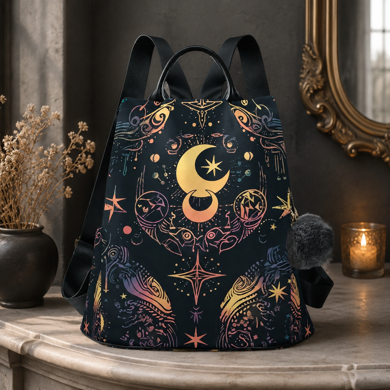 Black backpack with a gradient celestial print of crescent moons, stars, and moths in coral, gold, and violet