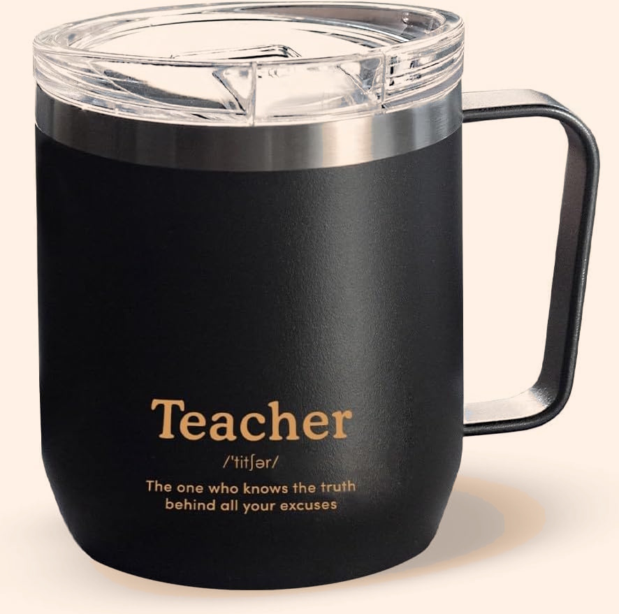 Black stainless steel insulated teacher coffee travel mug with clear flip lid, handle, and gold 'Teacher' definition lettering on a matte finish