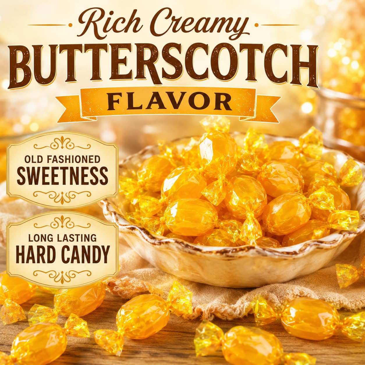 Gold-wrapped old-fashioned butterscotch hard candies piled in a ceramic dish on burlap