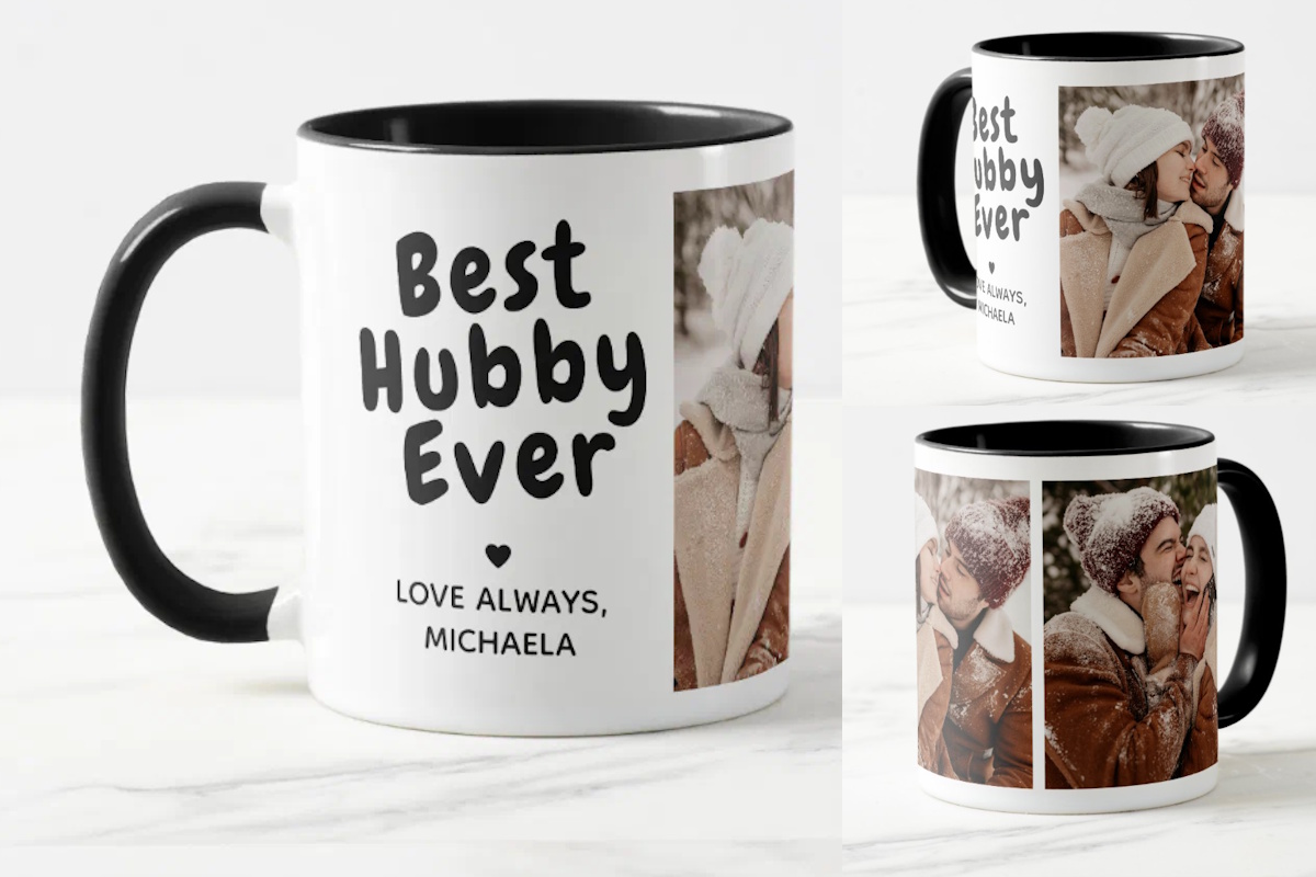 Personalized 'Best Hubby Ever' black-handled photo coffee mug gift for husband with two custom couple photos and a custom name