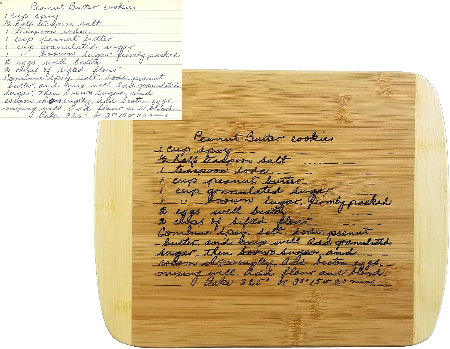 Two-tone bamboo cutting board engraved with a handwritten peanut butter cookie recipe, shown beside the original handwritten recipe card