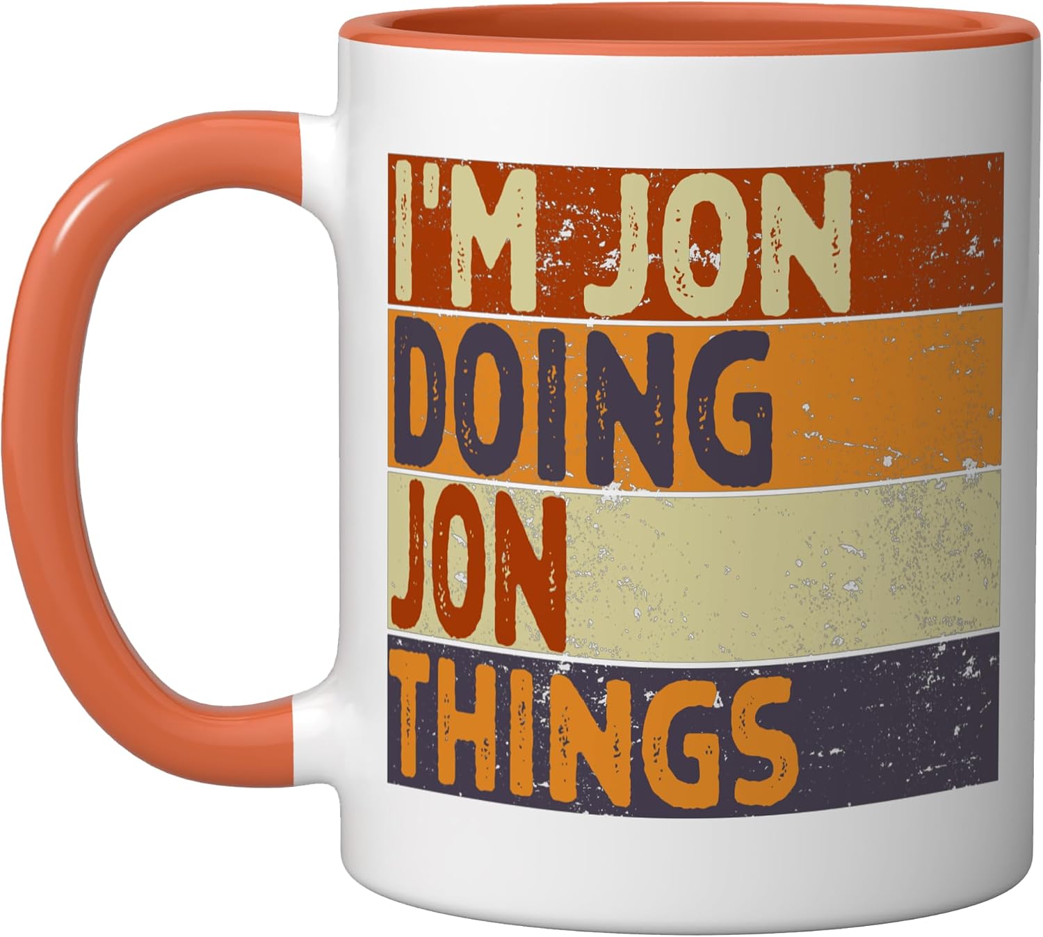 Personalized retro '70s-style 'I'm Jon Doing Jon Things' custom name funny coffee mug gift for husband with orange handle and stacked vintage color bars