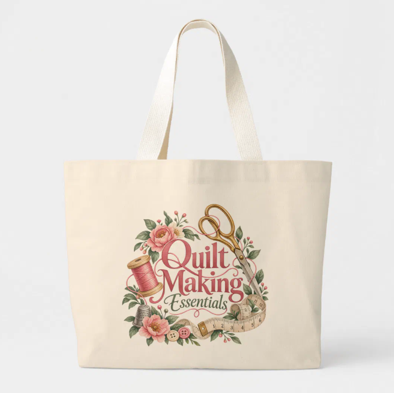 Cream canvas tote with floral sewing-themed artwork reading Quilt Making Essentials