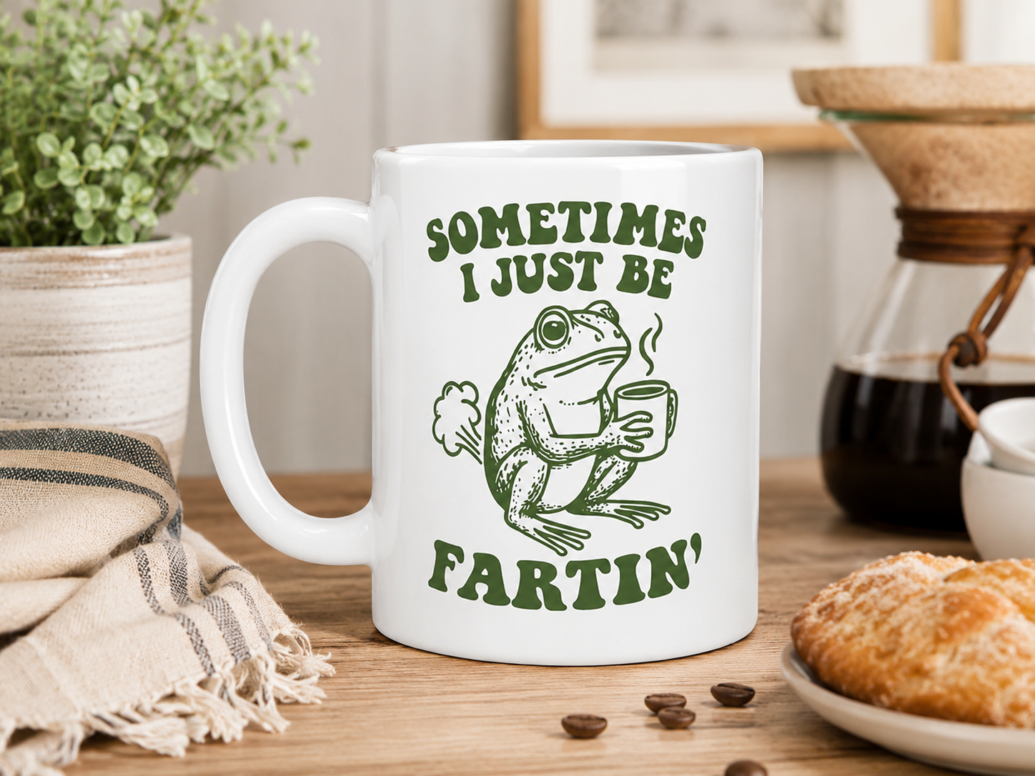 Silly retro green frog 'Sometimes I Just Be Fartin'' funny humor coffee mug gift for husband on wooden kitchen counter