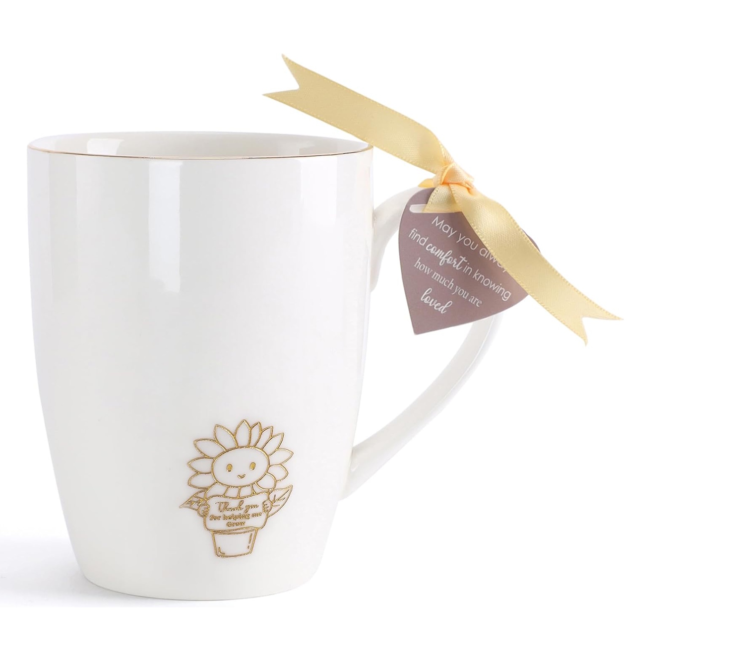 White glazed ceramic daycare teacher appreciation coffee mug with delicate gold-outlined sunflower and 'Thank you for helping me grow' message tied with pale yellow satin ribbon and a heart tag