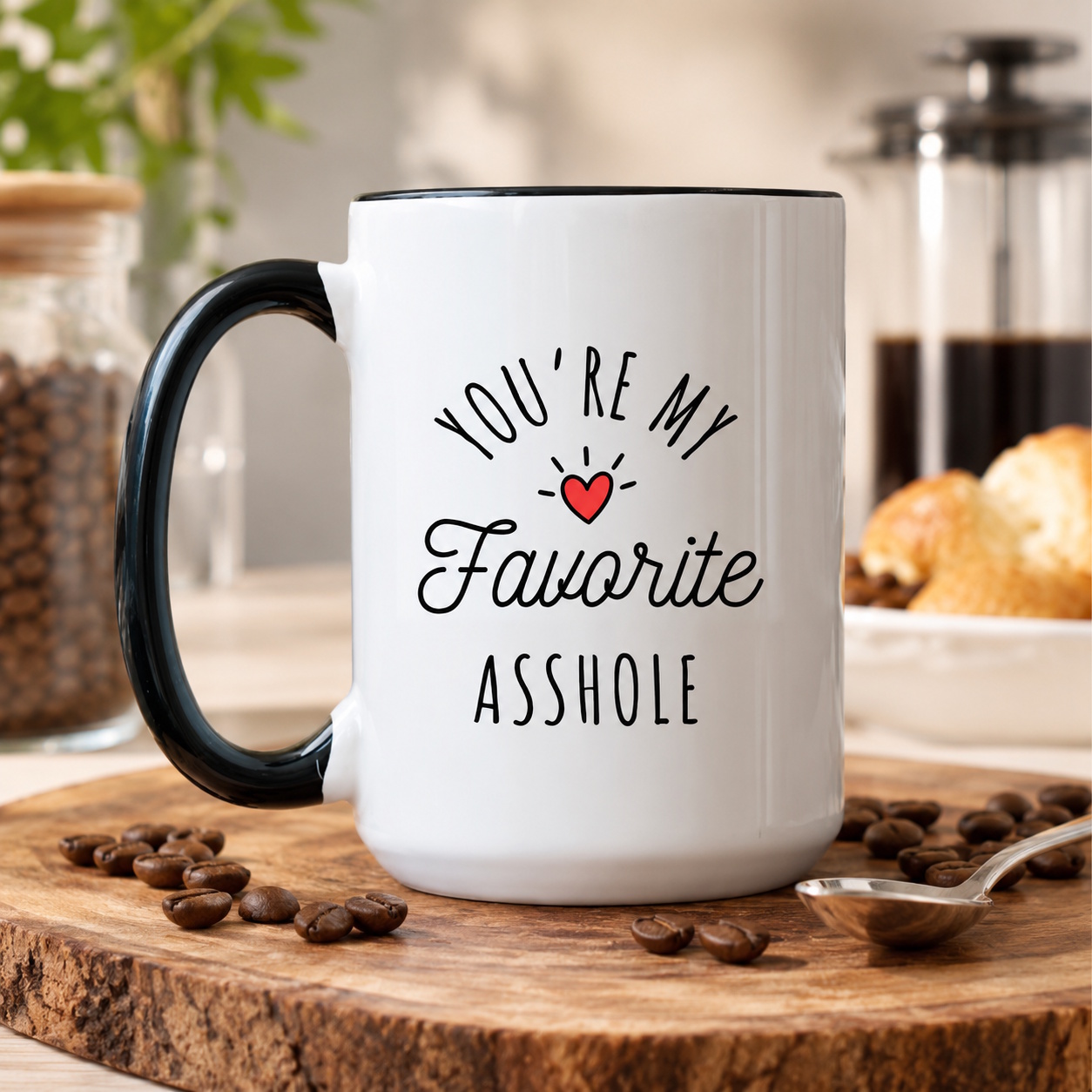'You're My Favorite Asshole' black-handled ceramic coffee mug gift for husband with red heart, funny and affectionate
