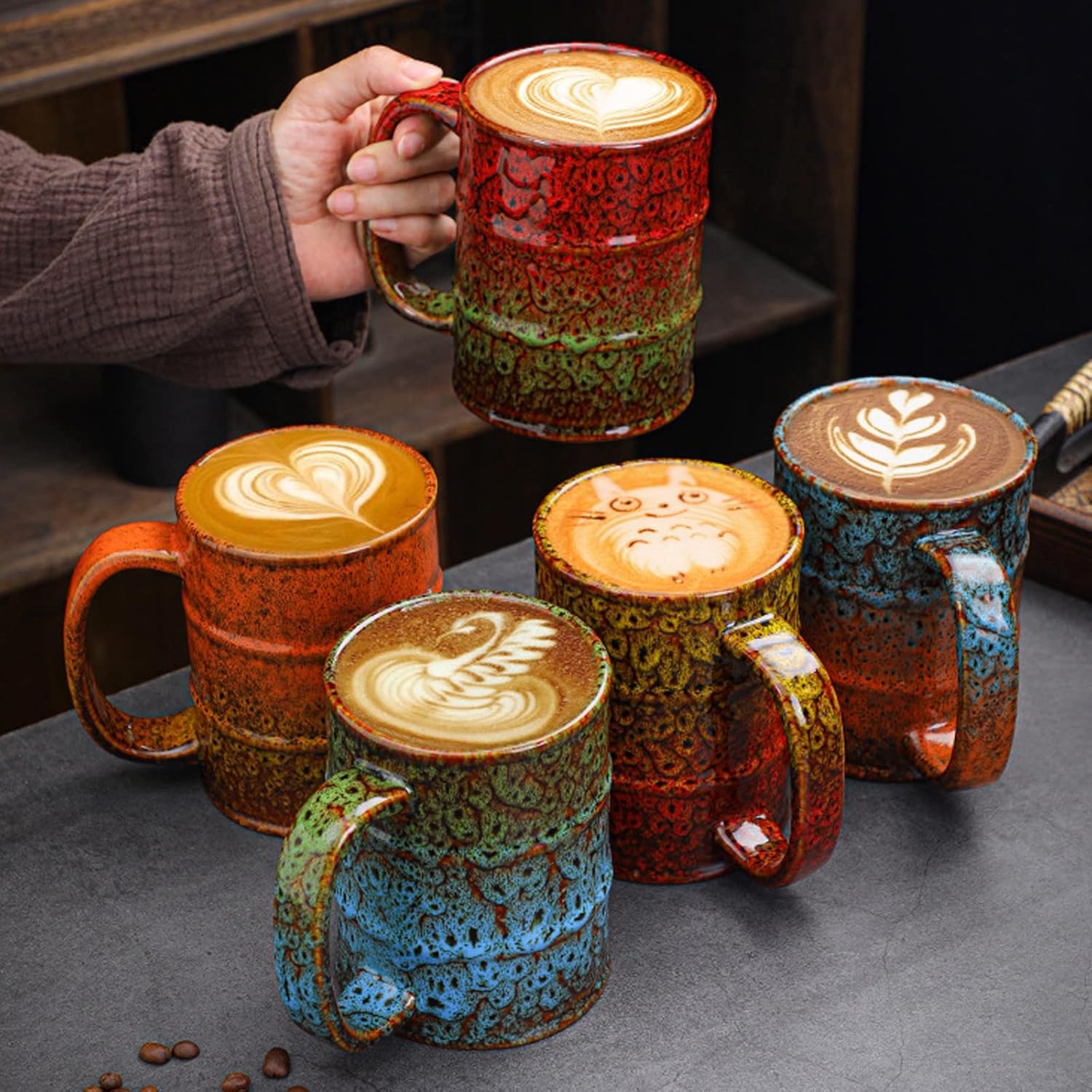 Oversized 20 oz ceramic coffee mug gift for husband with colorful reactive glaze in red, teal, orange, and blue