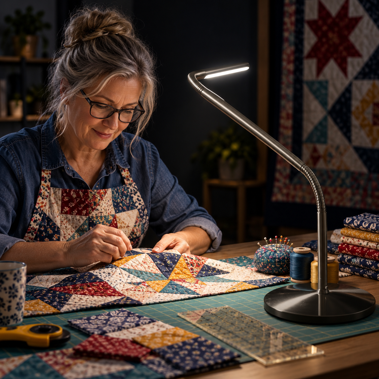 Slim adjustable clamp-on lamp illuminating a colorful quilting cutting table