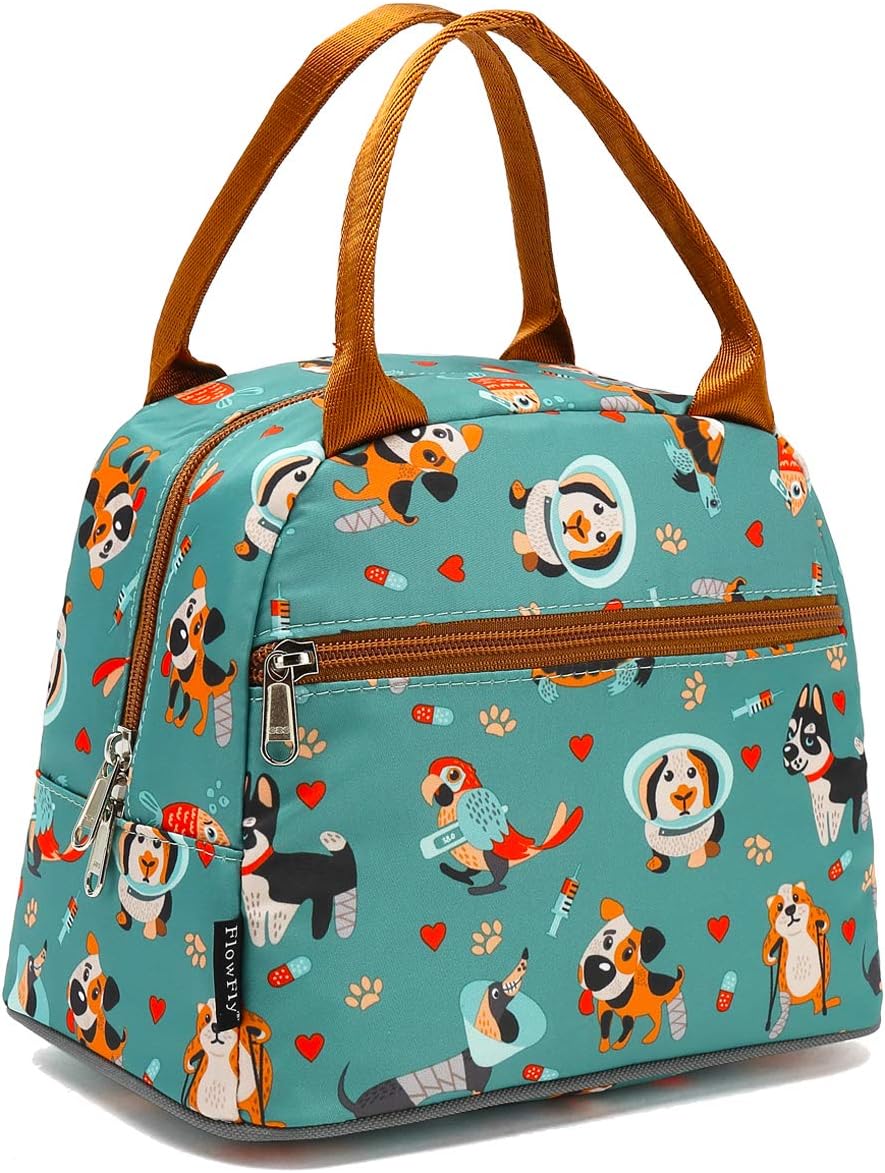 Teal insulated lunch tote with brown handles, printed with cartoon dogs, cats and birds in cones and bandages
