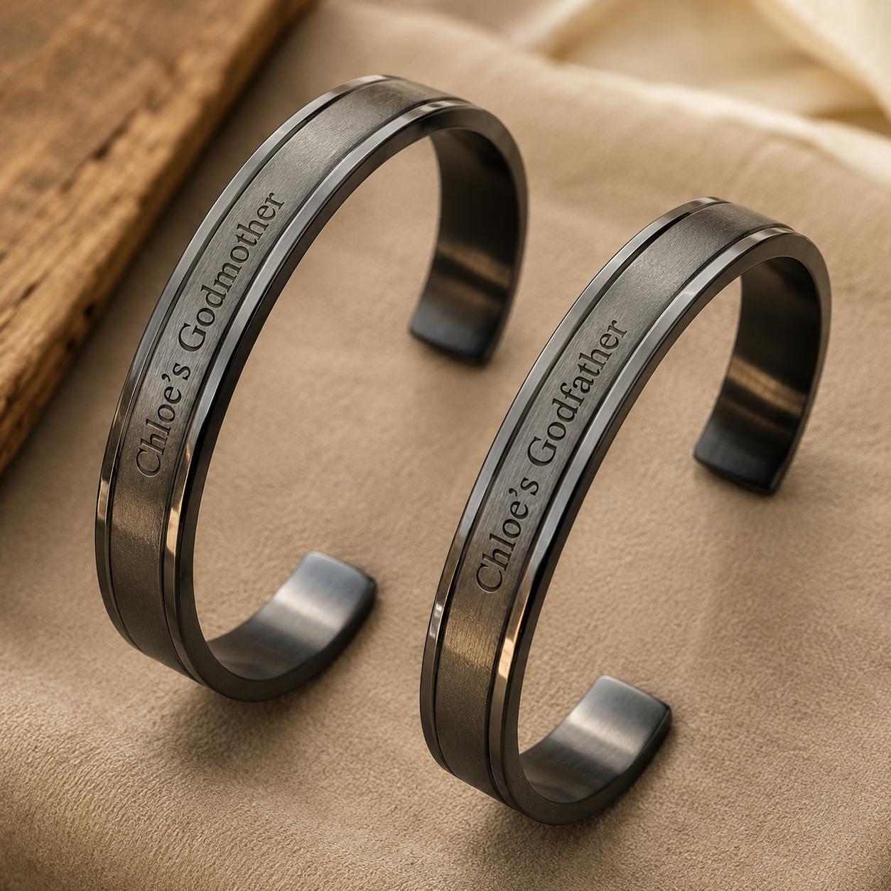 Two dark gunmetal cuff bracelets laser-engraved with Chloe's Godmother and Chloe's Godfather, resting on soft cream fabric