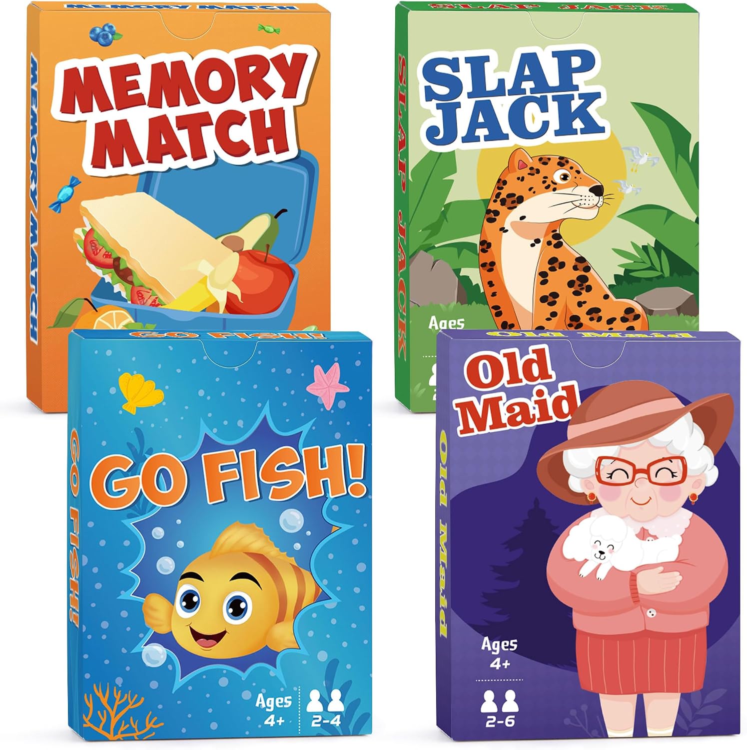 Four boxed children's card games - Memory Match, Slap Jack, Go Fish and Old Maid - with colorful illustrated covers