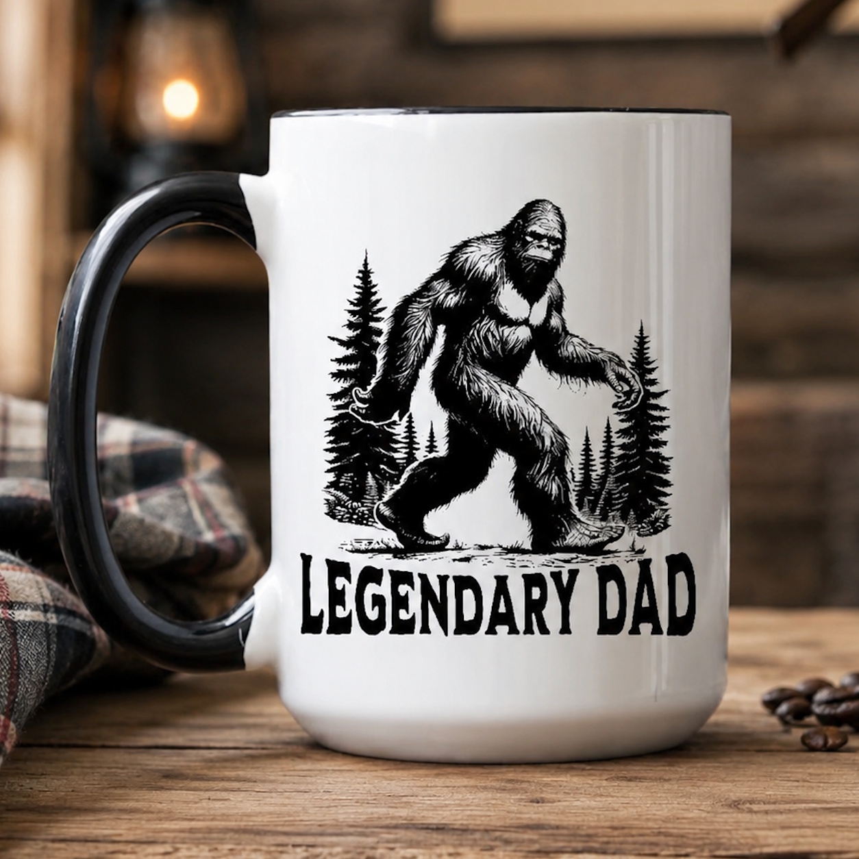 Legendary Dad Bigfoot ceramic coffee mug gift for husband and dad with black handle and forest illustration
