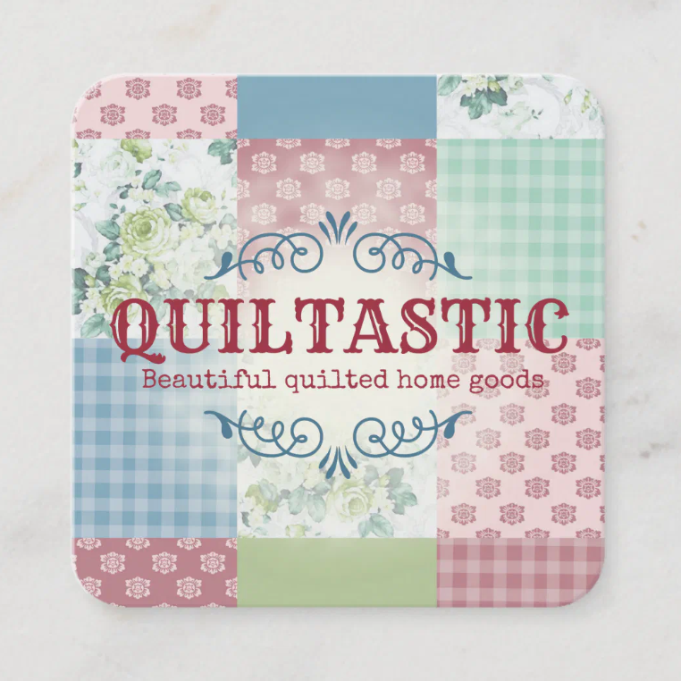 Vintage rose patchwork square business card design reading Quiltastic Beautiful quilted home goods