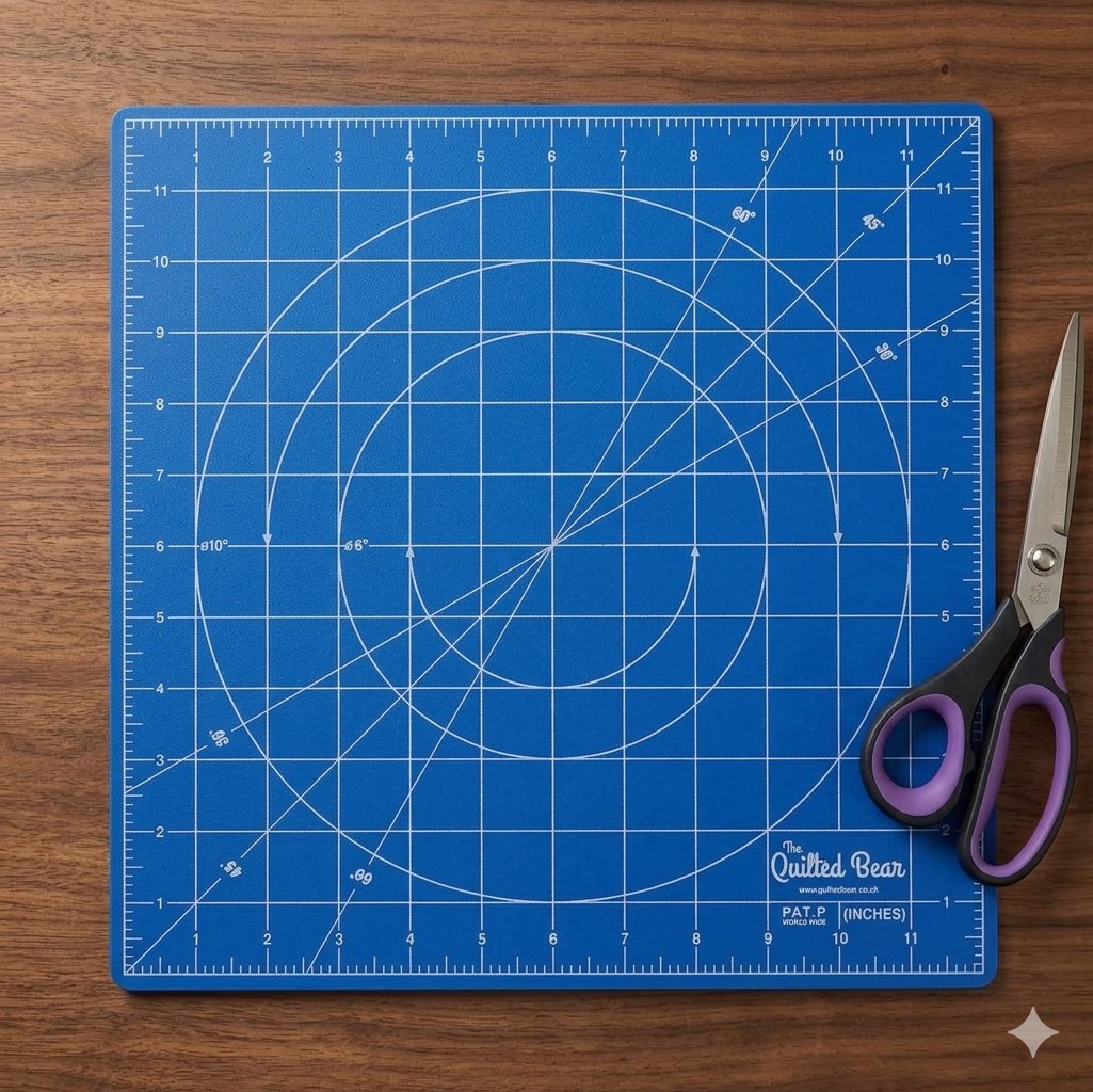 Blue gridded rotating cutting mat with angle guides and scissors nearby