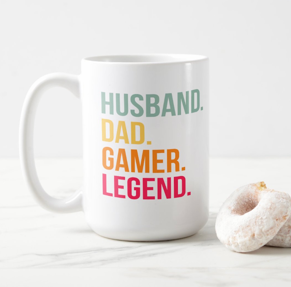 Funny 'Husband. Dad. Gamer. Legend.' colorful stacked lettering white ceramic coffee mug gift for gamer husband and dad