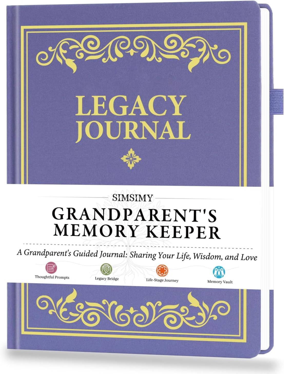 Periwinkle hardcover Legacy Journal with gold detailing and a band reading Grandparent's Memory Keeper, a guided journal for sharing life, wisdom and love