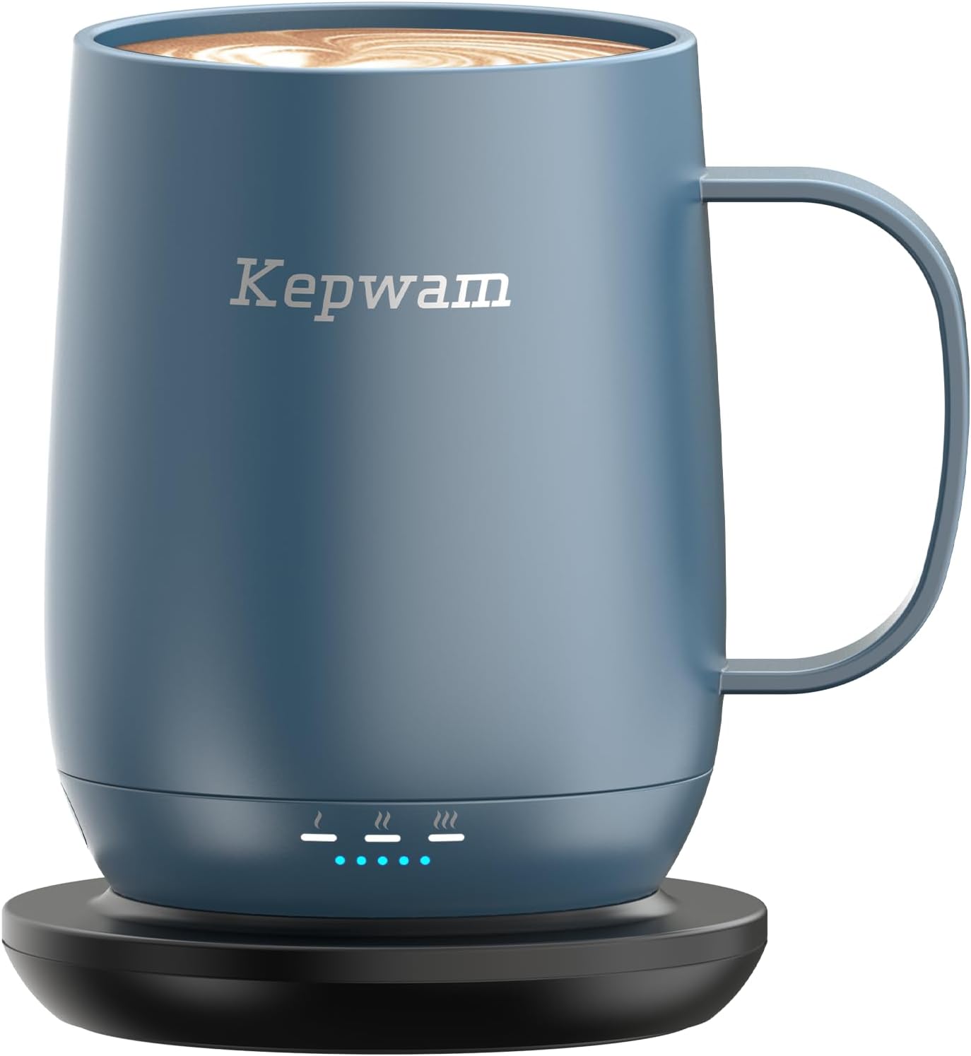 Kepwam smart temperature-control coffee mug gift for husband in dusty blue with charging coaster and latte art