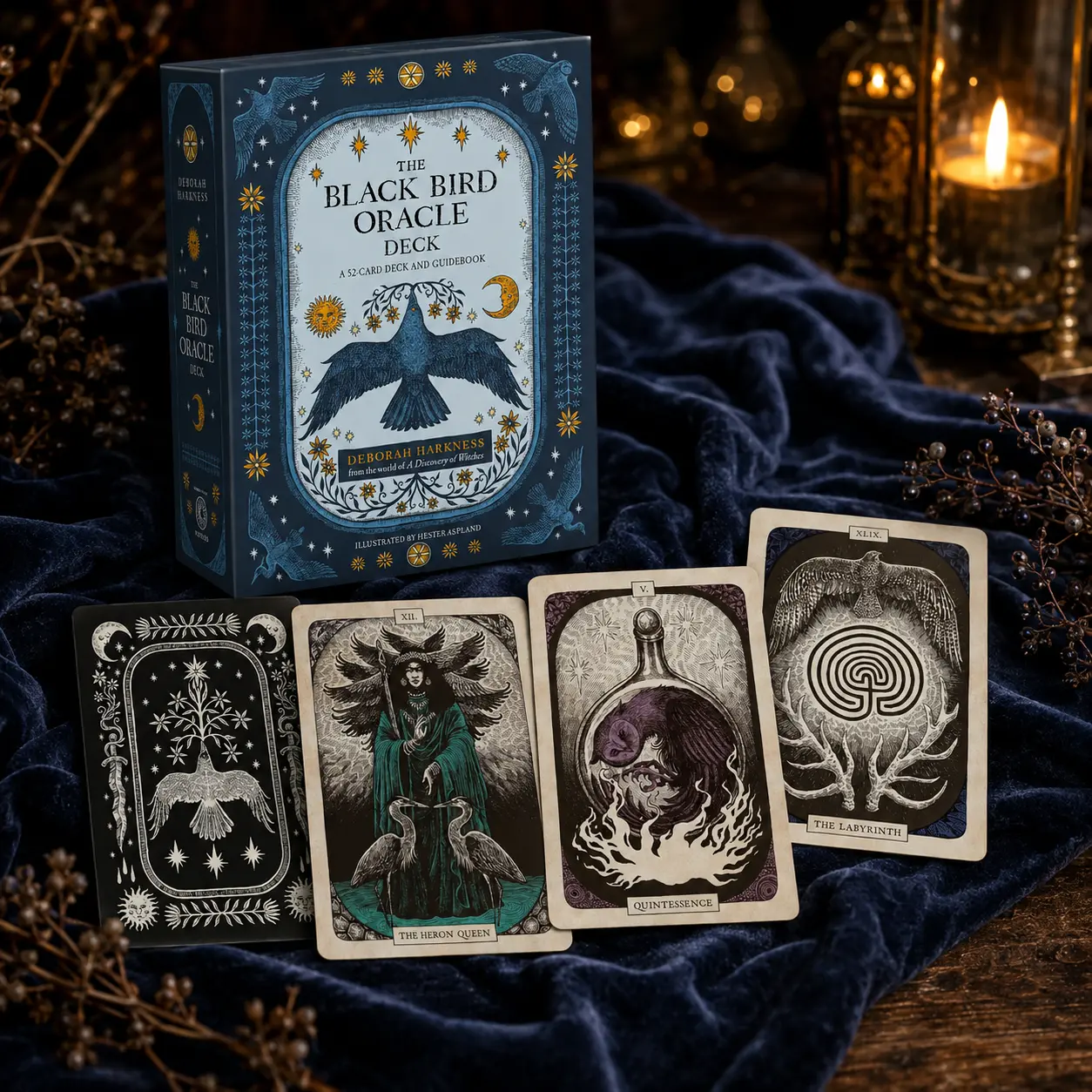 The Black Bird Oracle Deck box in deep navy beside illustrated cards showing a heron queen, a labyrinth, and birds in flight