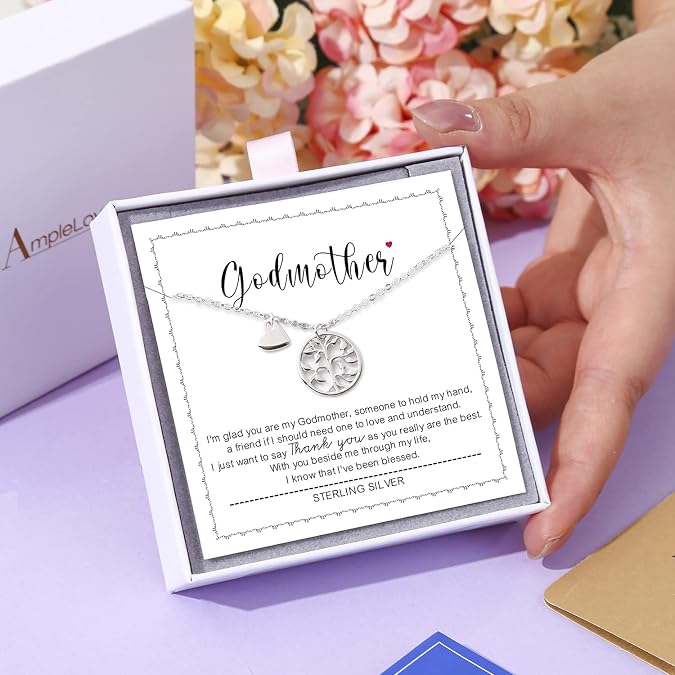 Sterling silver Tree of Life pendant necklace with a small heart charm, presented on a printed Godmother message card inside a white gift box