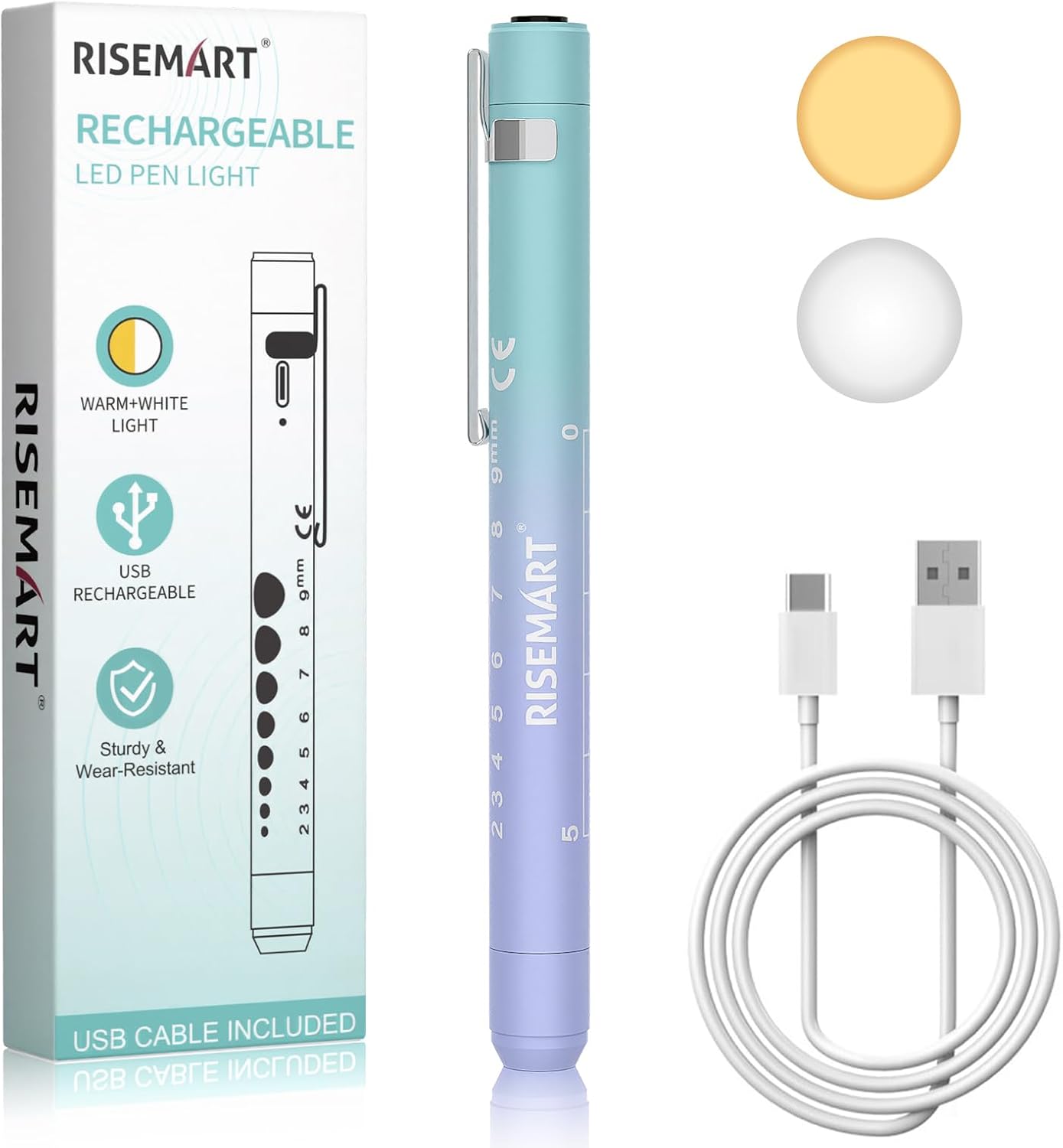 Teal and lavender ombre rechargeable LED penlight with a metal pocket clip, a pupil gauge scale, and a USB-C cable
