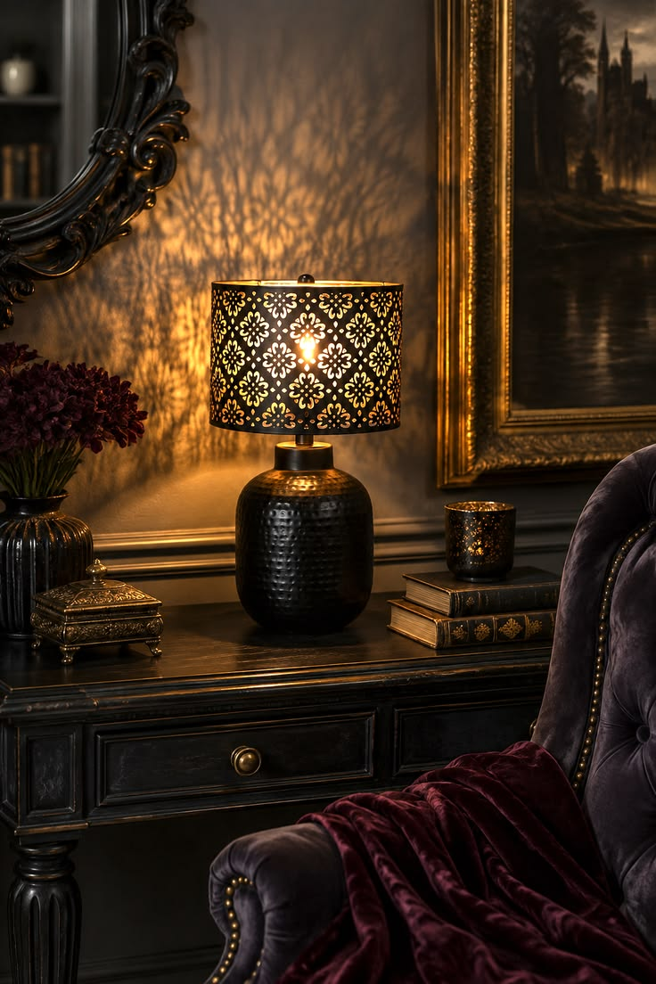 Black table lamp with a floral cutwork shade casting patterned light across a dark wall beside a gilt mirror and stacked books