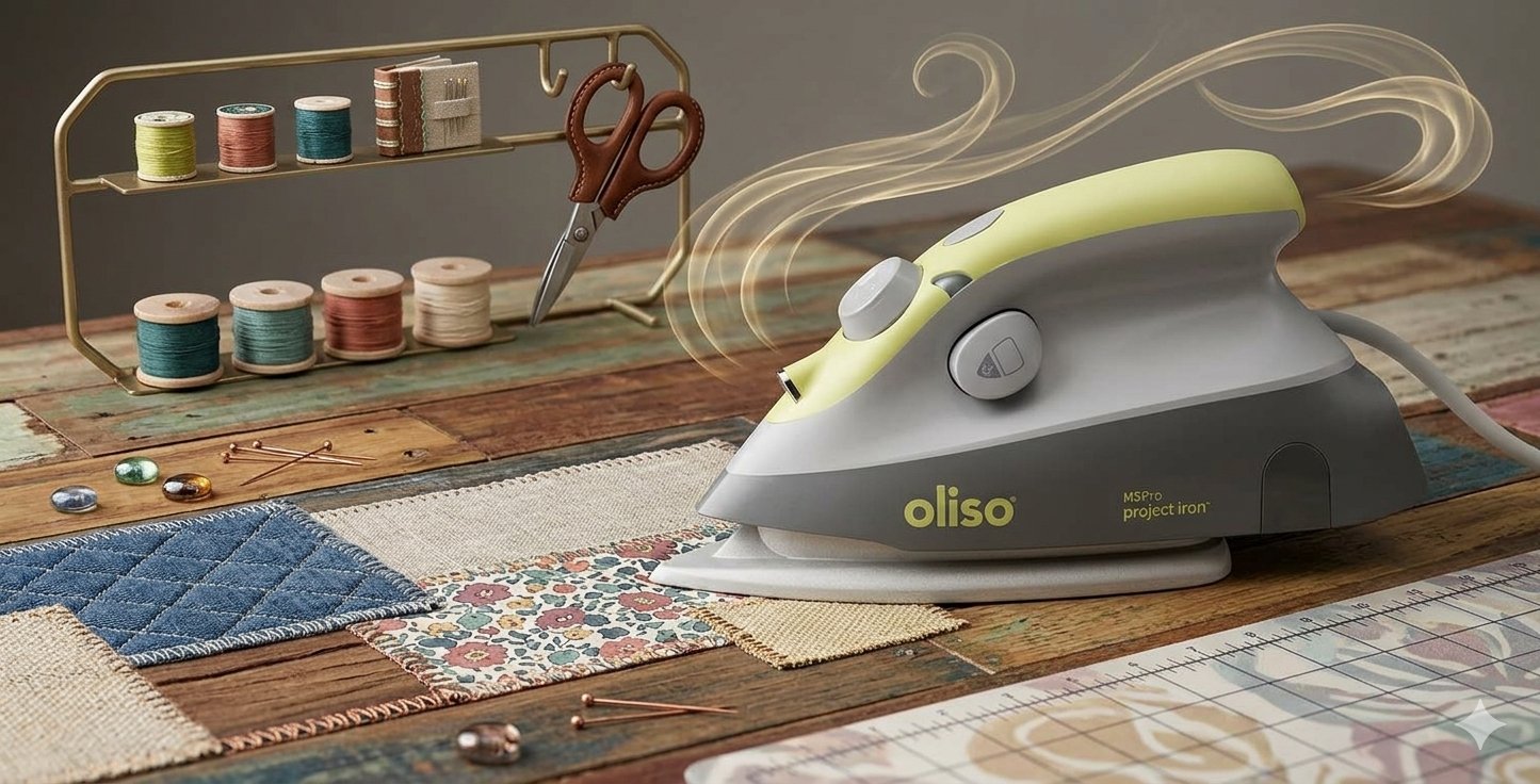 Compact mini steam iron on a silicone rest surrounded by sewing supplies
