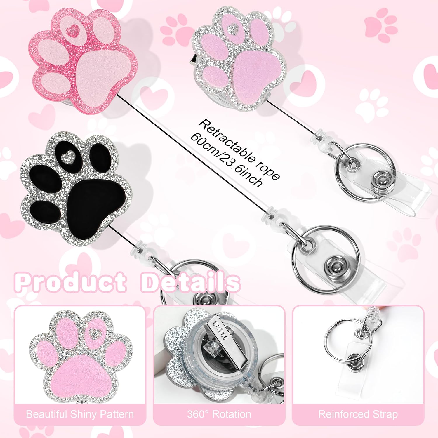 Three glitter paw print retractable badge reels in pink, lavender and black with clear straps and key rings