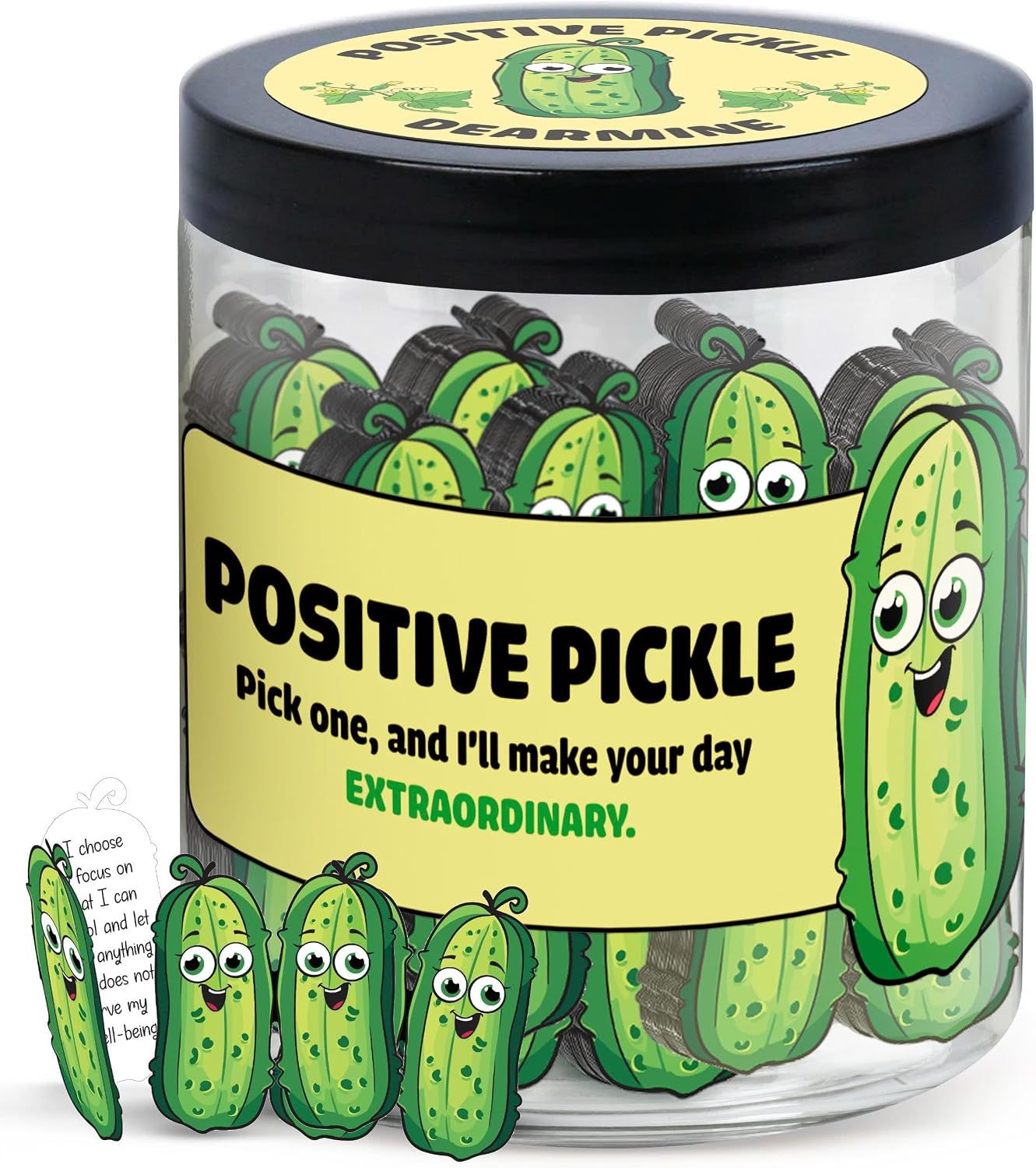Glass jar with a black lid labeled Positive Pickle, filled with pickle-shaped cards printed with smiling cartoon pickles and encouraging messages