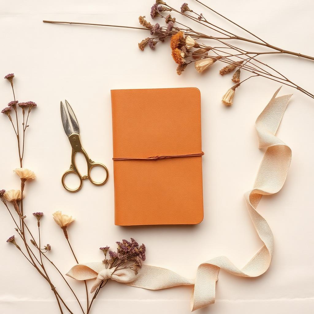 A leather journal, brass scissors, dried flowers, and a linen ribbon arranged on cream paper