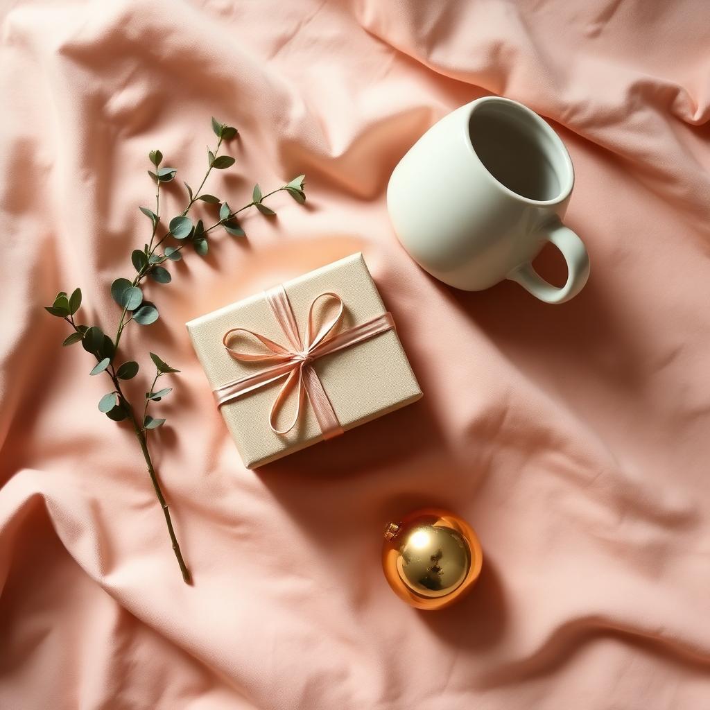 A ribbon-wrapped gift box, ceramic mug, and gold ornament on soft blush linen