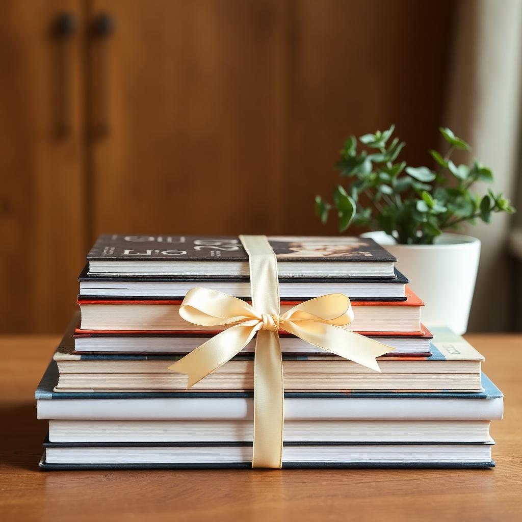 A stack of hardcover books tied with a cream ribbon beside a small potted plant on a linen surface