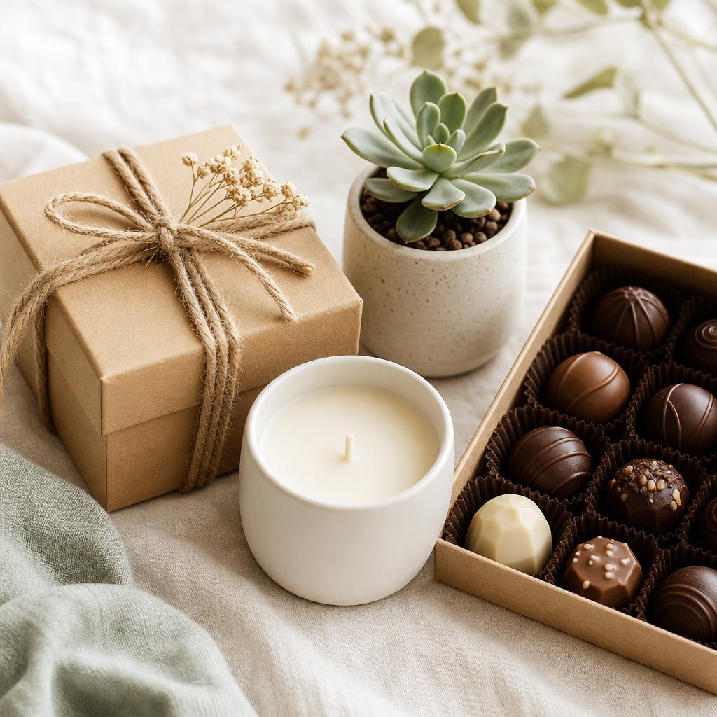 A twine-tied kraft gift box, a plain white candle, a box of chocolates and a small potted succulent