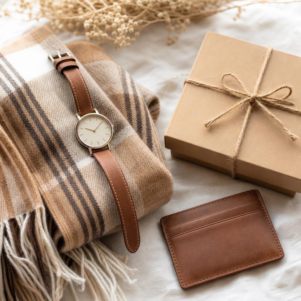 A leather-strap watch on a folded plaid wool scarf beside a leather card wallet and kraft gift box