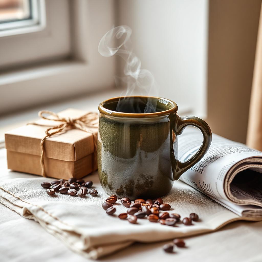 A steaming stoneware coffee mug beside a twine-tied gift box and scattered coffee beans