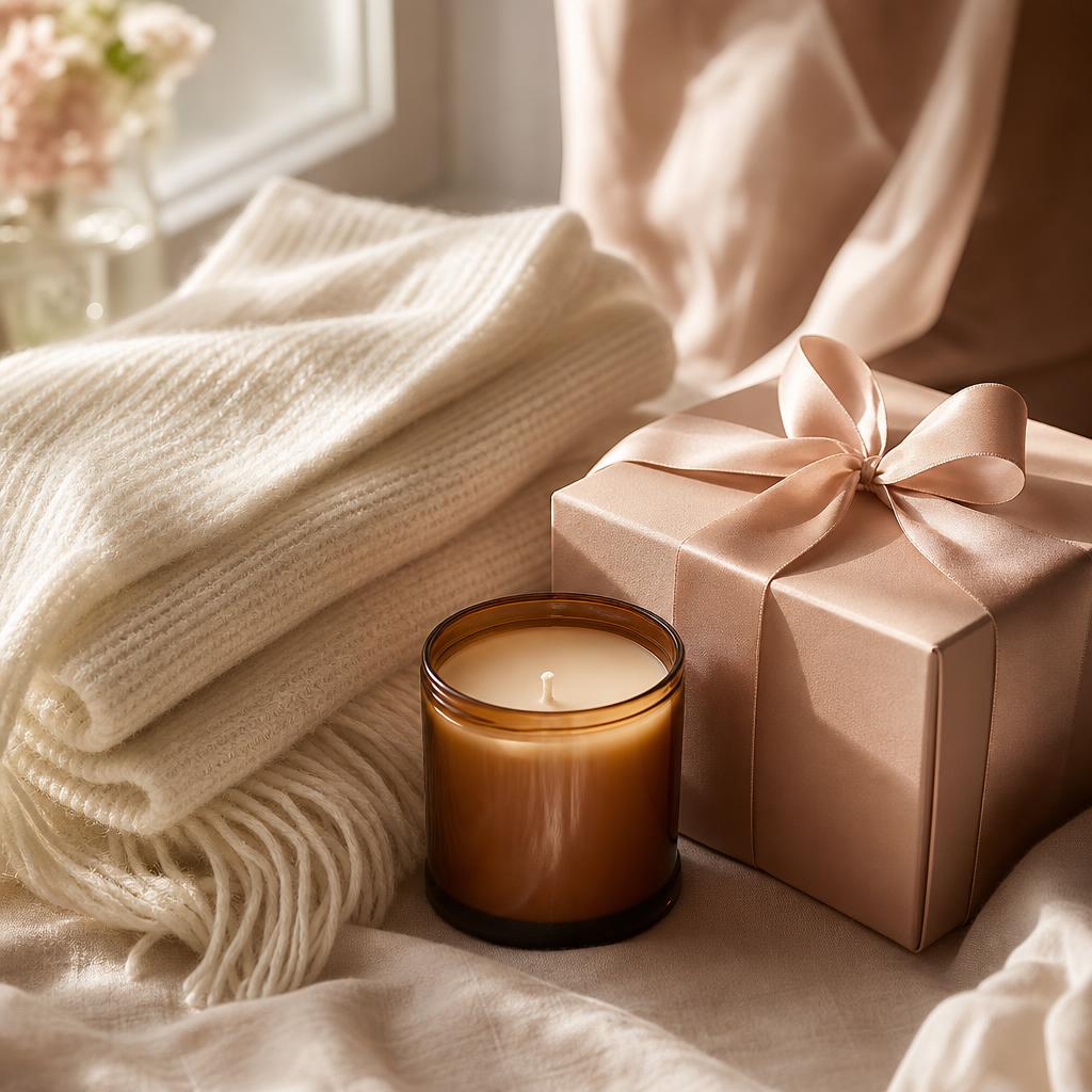 A folded cream knit throw, an amber glass candle and a blush satin-ribboned gift box