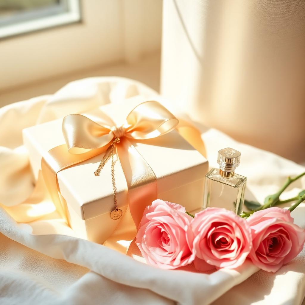 A cream gift box with an ivory satin ribbon, a fine gold necklace, a glass perfume bottle and pink roses