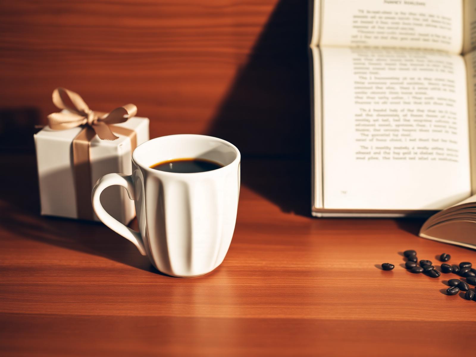 An editorial coffee mug gift for husband beside a ribbon-wrapped gift box, an open book, and scattered coffee beans on warm wood