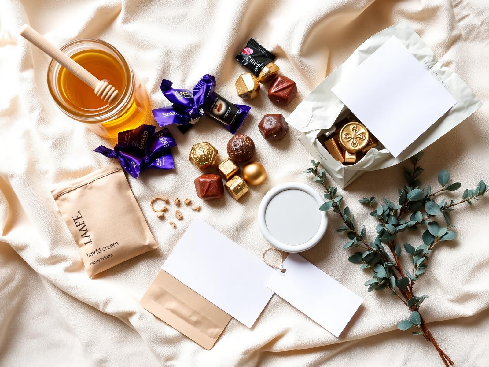 Editorial flat-lay of consumable teacher gifts including a jar of honey, wrapped chocolates, a coffee pouch, a small pot of hand cream, and a sprig of eucalyptus on cream linen