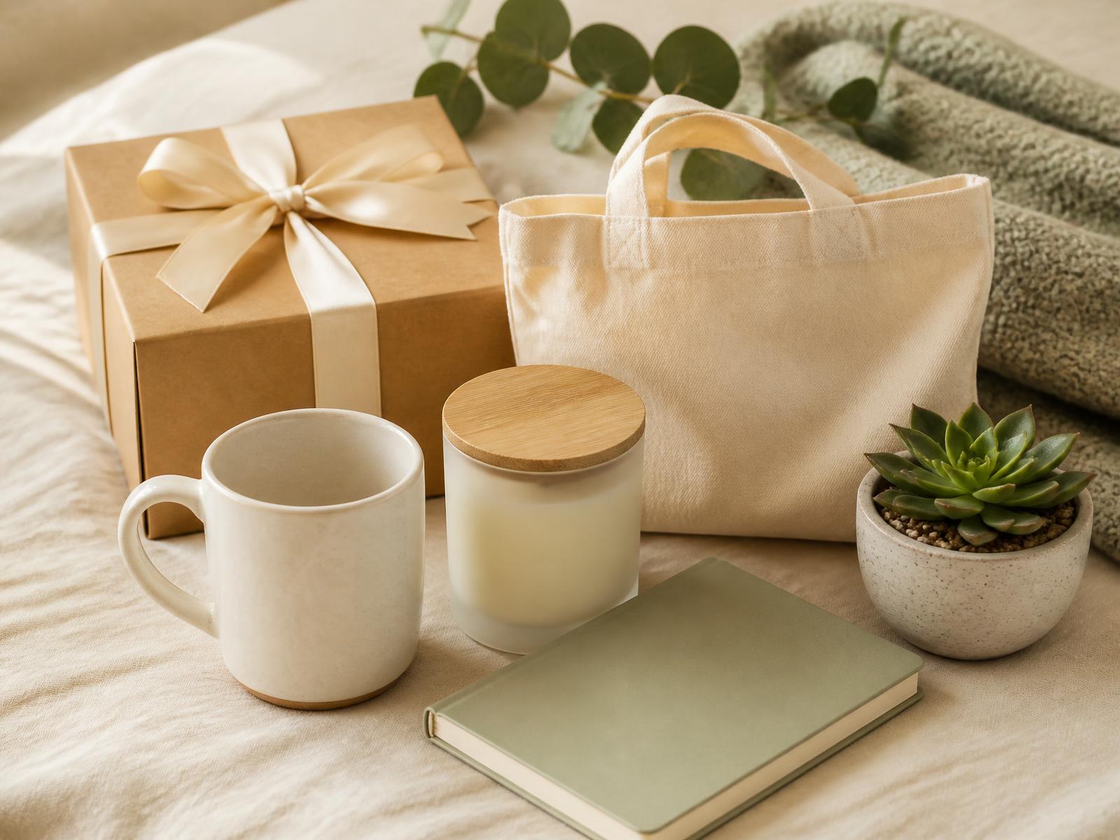 Editorial flat-lay of coworker gifts including a cream ceramic mug, a frosted glass candle with a bamboo lid, a canvas tote, a sage notebook, a potted succulent and a ribbon-tied kraft gift box on cream linen