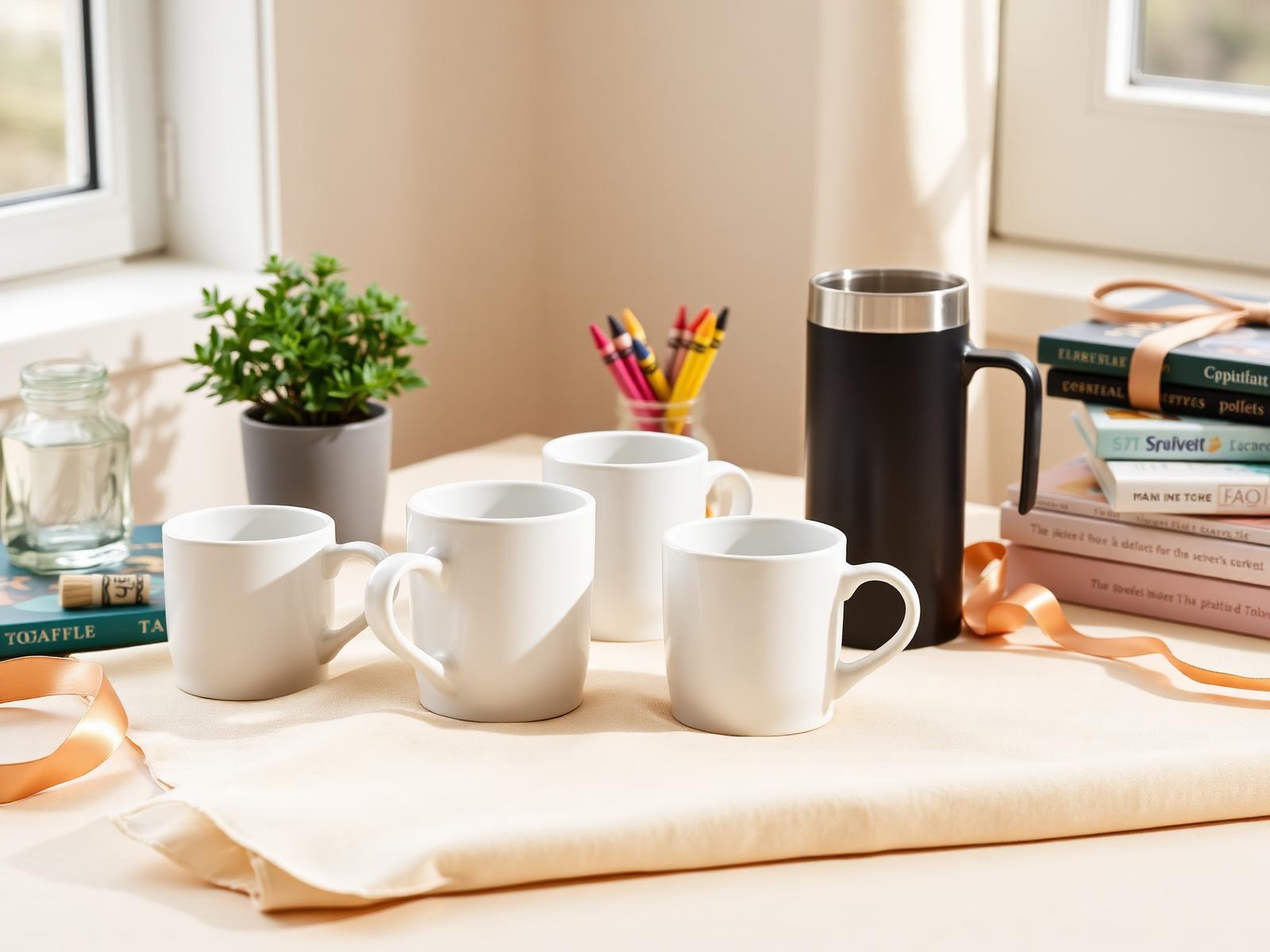 Editorial arrangement of curated ceramic coffee mugs and an insulated teacher tumbler as gifts for daycare teachers, styled on cream linen with a small potted plant, colorful crayons, and children's picture books in soft window light
